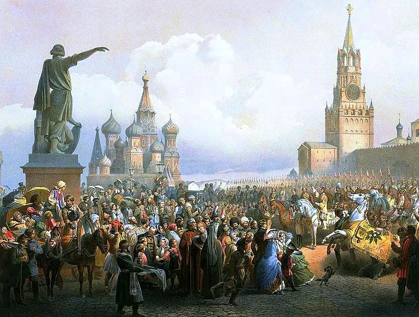 モスクワ赤の広場　昔の景色を描いた絵です。